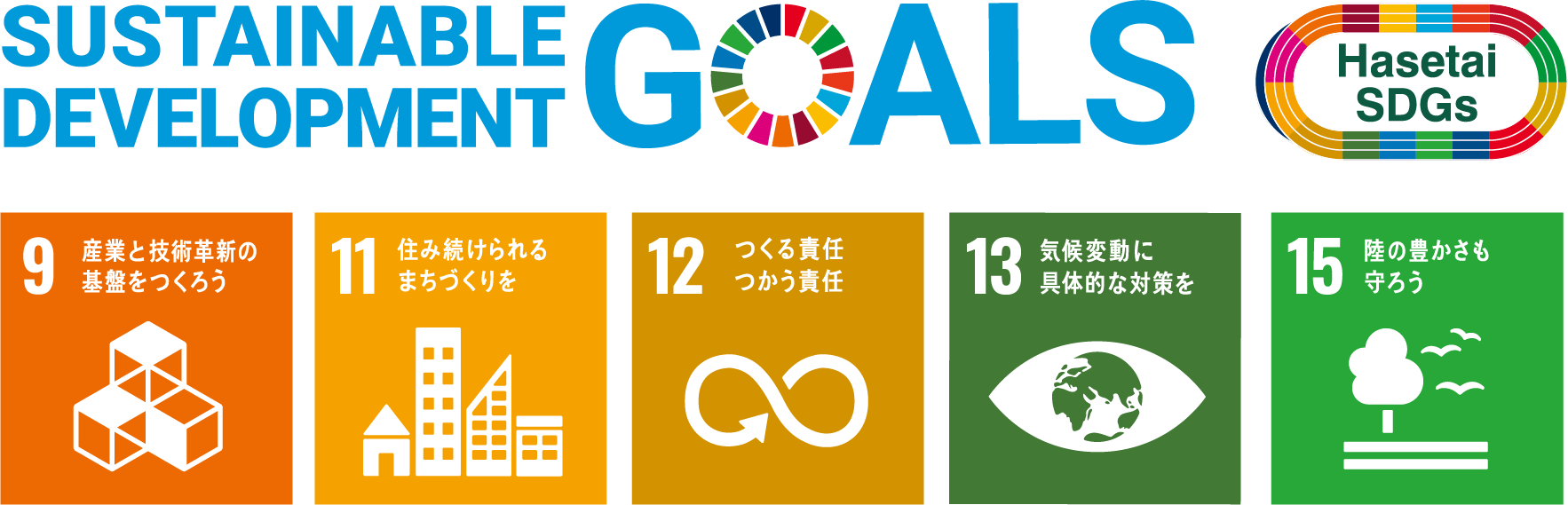 SDGs×HasetaiSDGs 9:産業と技術革新の基盤をつくろう 11:住み続けられるまちづくりを 12:つくる責任つかう責任 13:気候変動に具体的な対策を 15:陸の豊かさも守ろう
